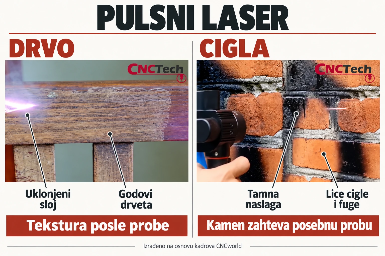 Pulsni laser: drvo i cigla — uklanjani sloj, godovi te lice cigle i fuge